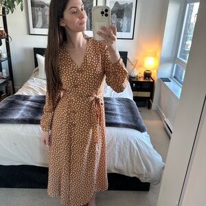 Women's Brown Printed Wrap Dress - Long Sleeve V-Neck